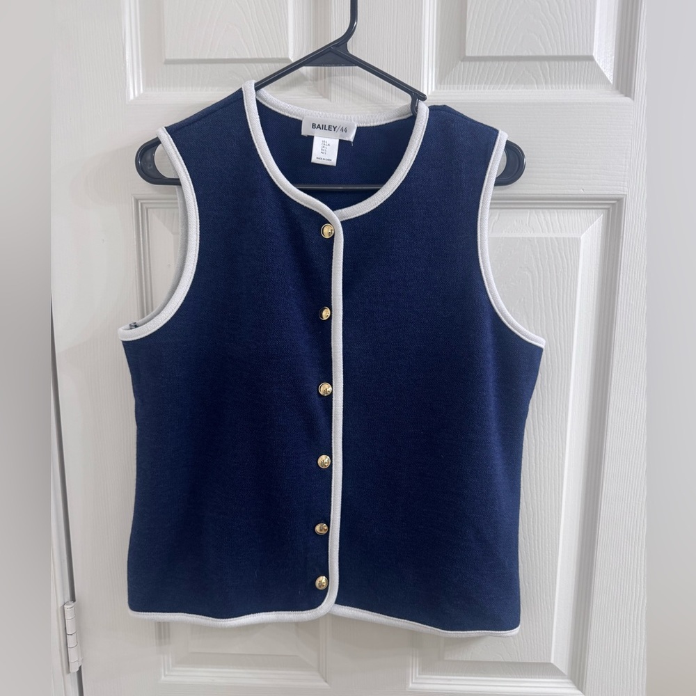 Navy Blue Sleeveless Tank Top Vest with Gold Buttons Size L